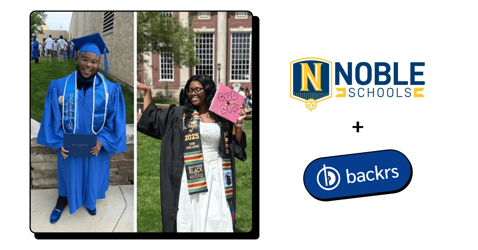 Noble Schools graduates alongside the Noble Schools and Backrs logos